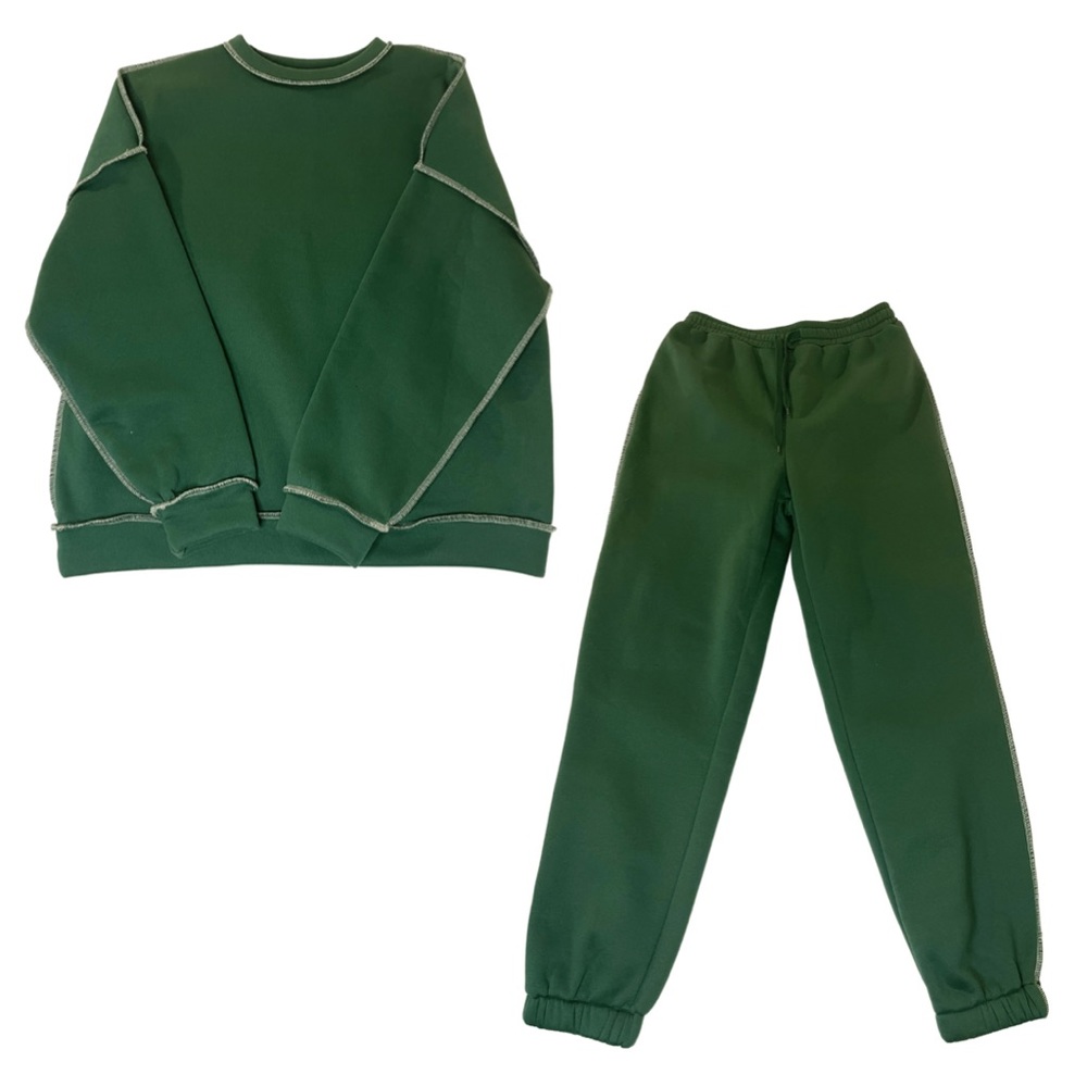 Shein Green Top-stitching Drop Shoulder Sweatshirt & Sweatpants